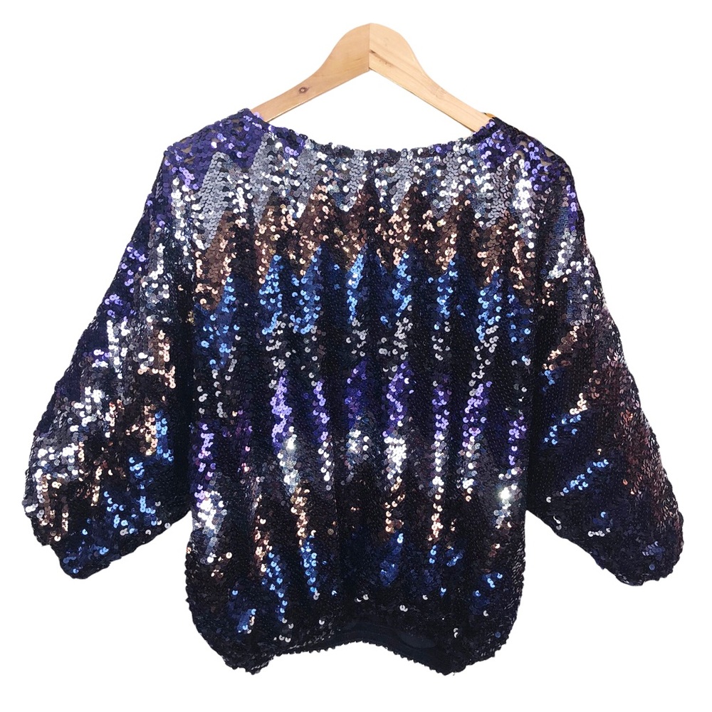 Vintage 70's Fancy Striped Chevron Sequin Long Sleeve Bomber Pullover Top Blue